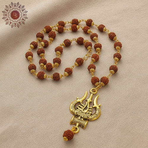 5 Mukhi Golden Cap Rudraksha Mala with Pendant (44+1 Beads)
