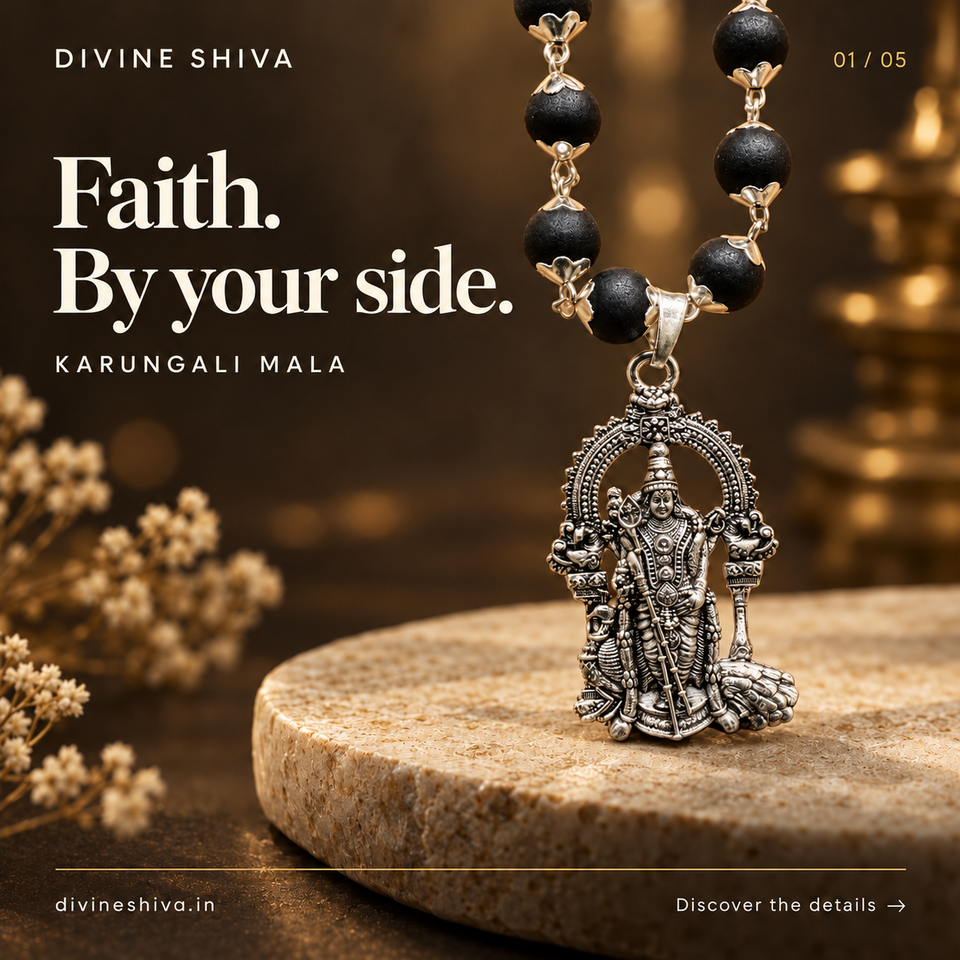 Silver Plated Karungali Mala with Lord Murugan Pendant
