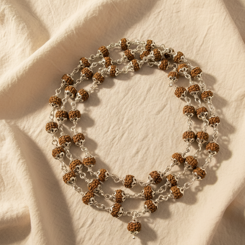 5 Mukhi Silver Cap Rudraksha Mala ( 108 Bead)