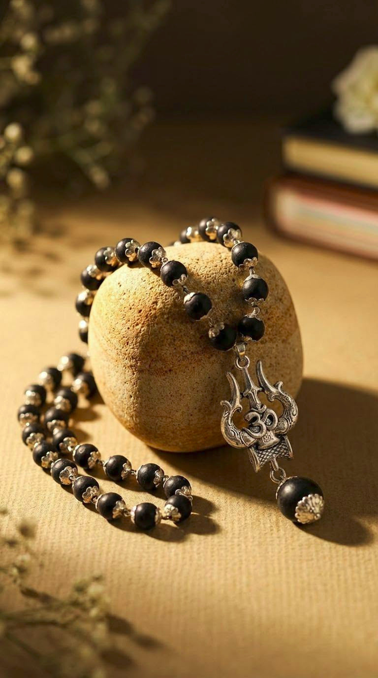 Silver Plated Karungali Mala with Trishool Pendant