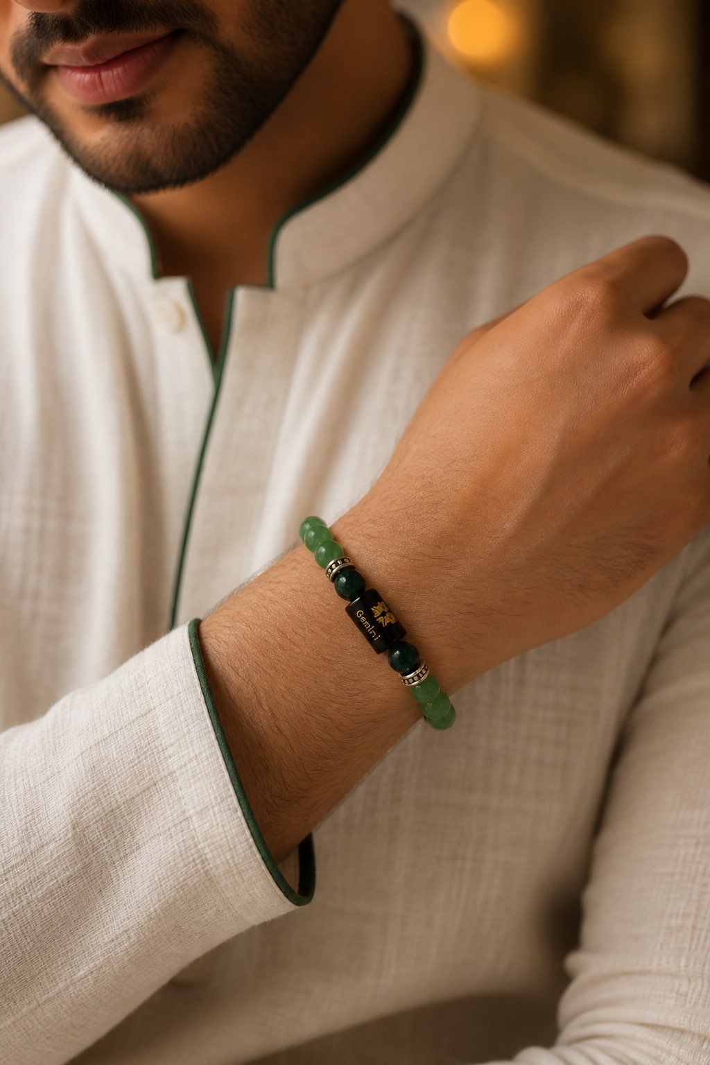 Gemini bracelet on male wrist