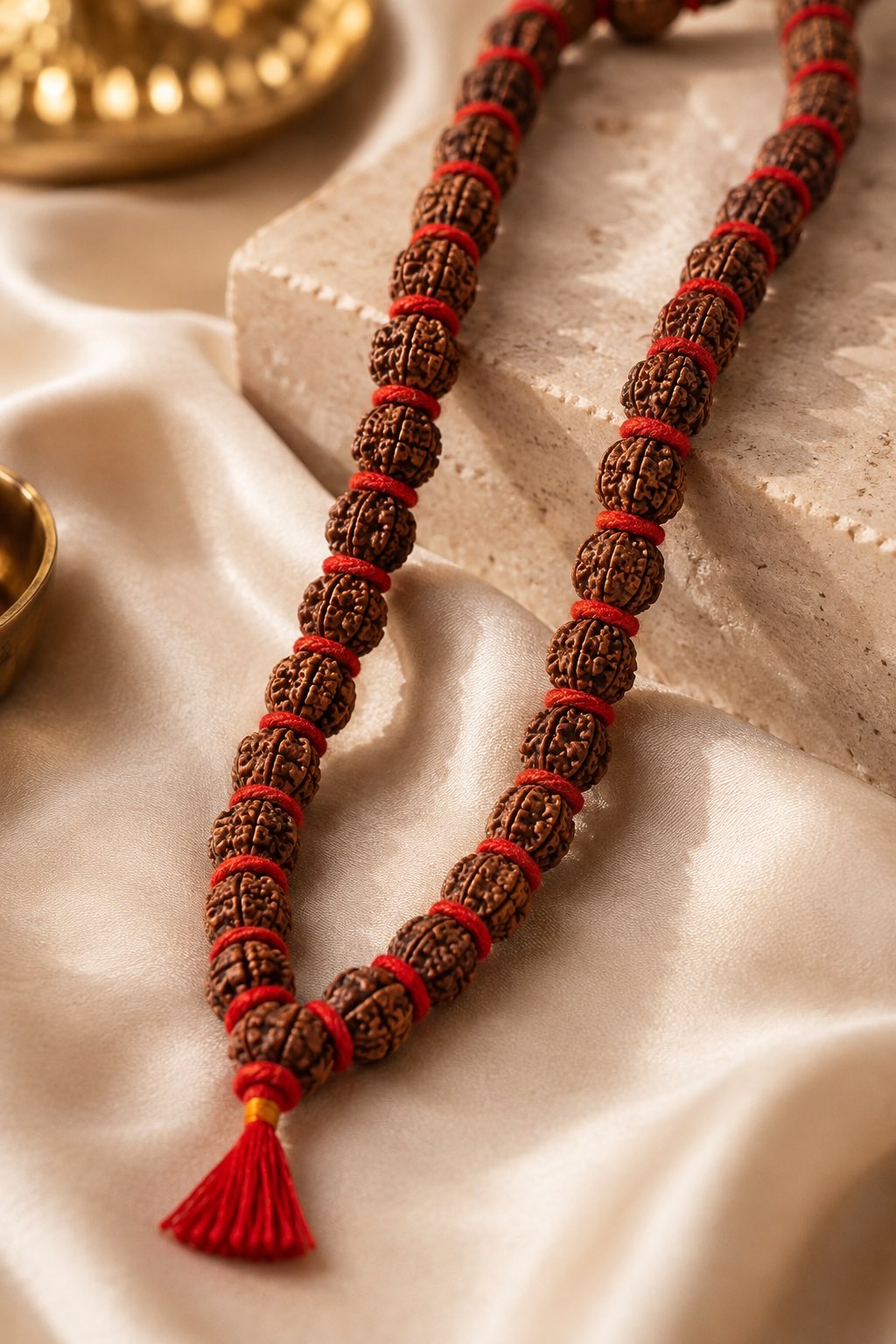 5 Mukhi Rudraksha Kanthi Mala bead and red thread detail