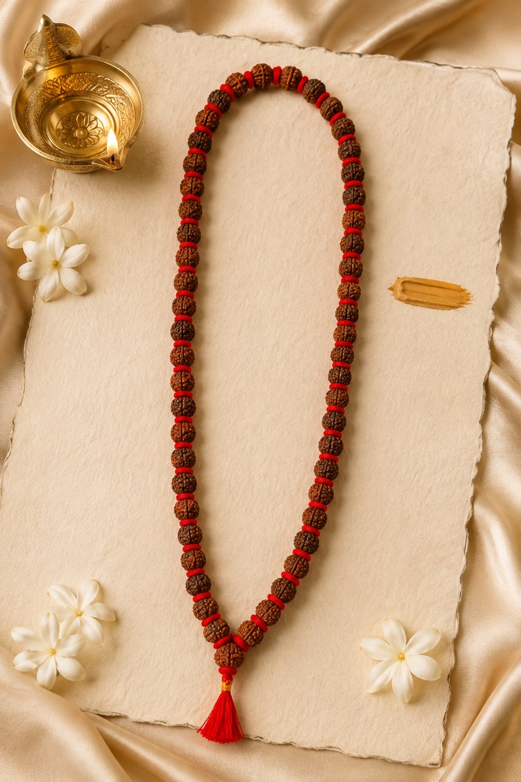 Complete 54 bead Rudraksha Kanthi Mala devotional flat lay