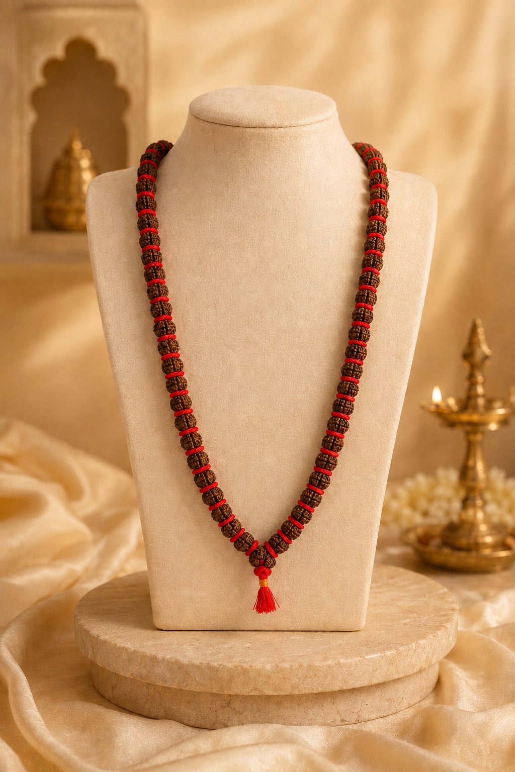 5 Mukhi Rudraksha Kanthi Mala on a cream display stand