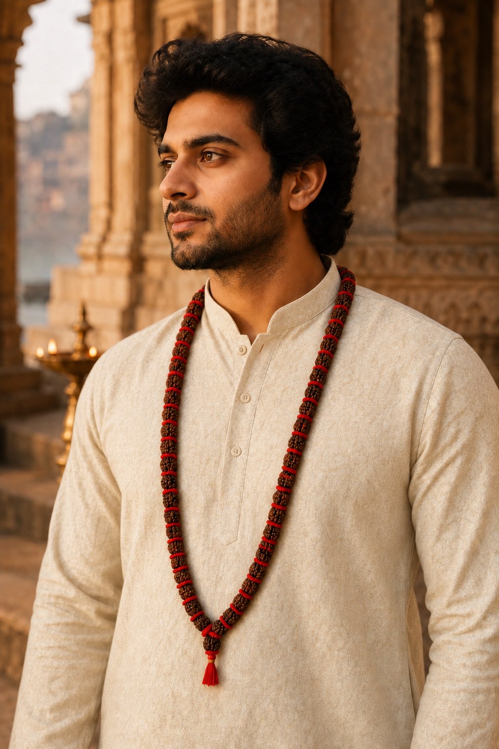 5 Mukhi Rudraksha Kanthi Mala worn with a forest green kurta