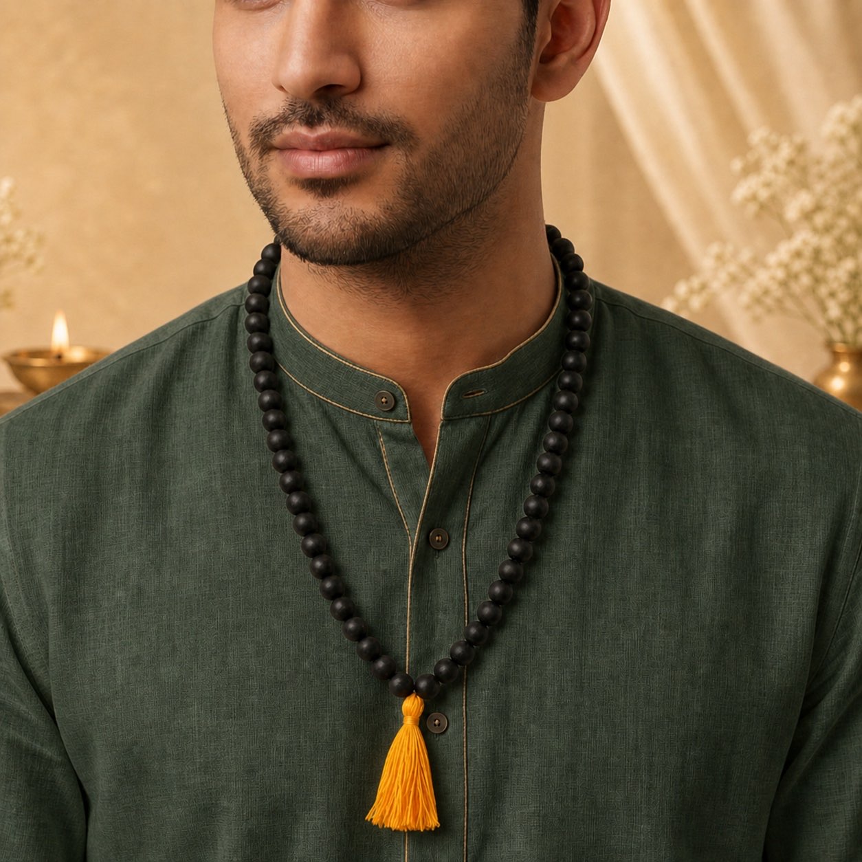 Premium Karungali Mala worn by a man in a forest green kurta