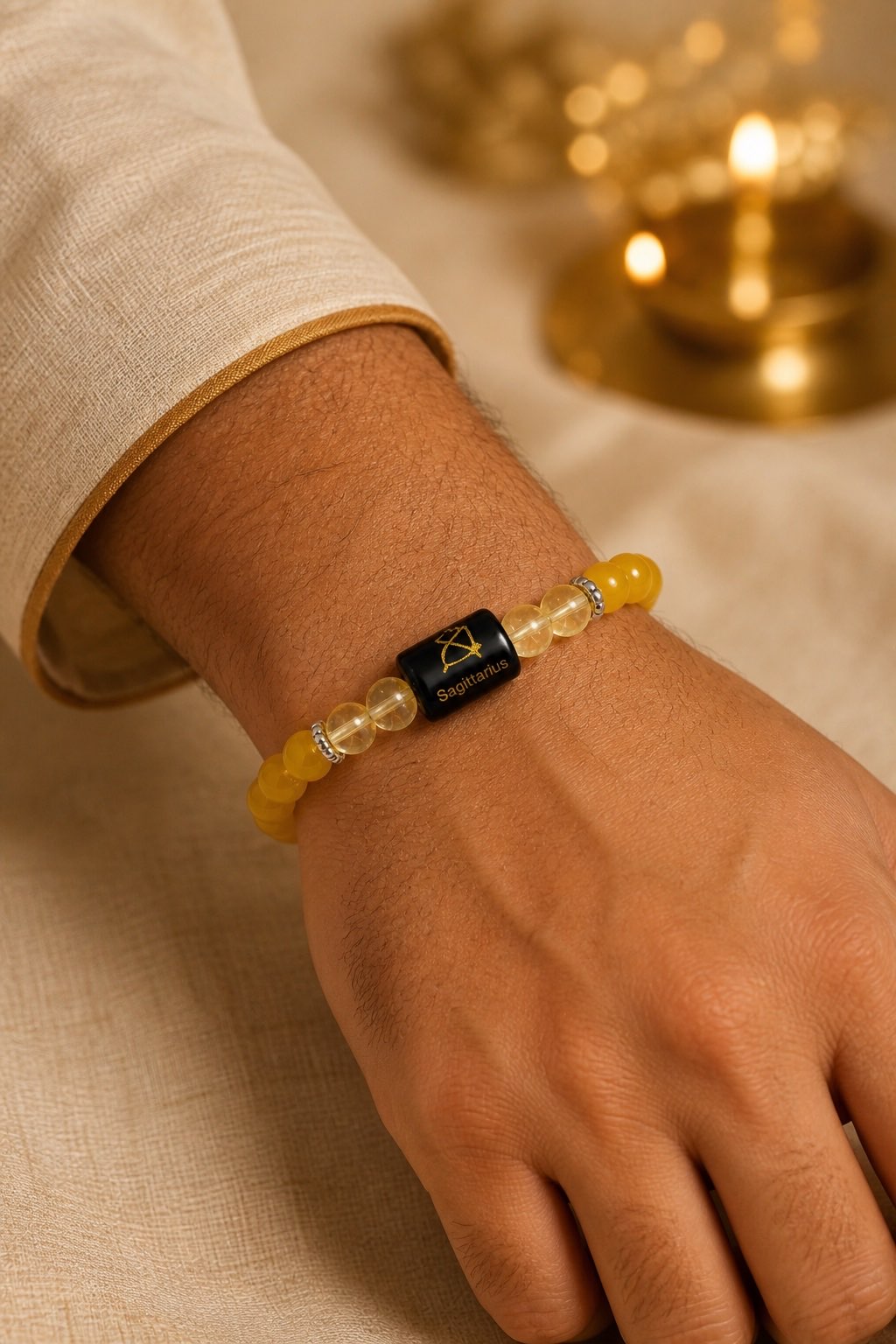 Sagittarius Dhanu bracelet worn on a male wrist