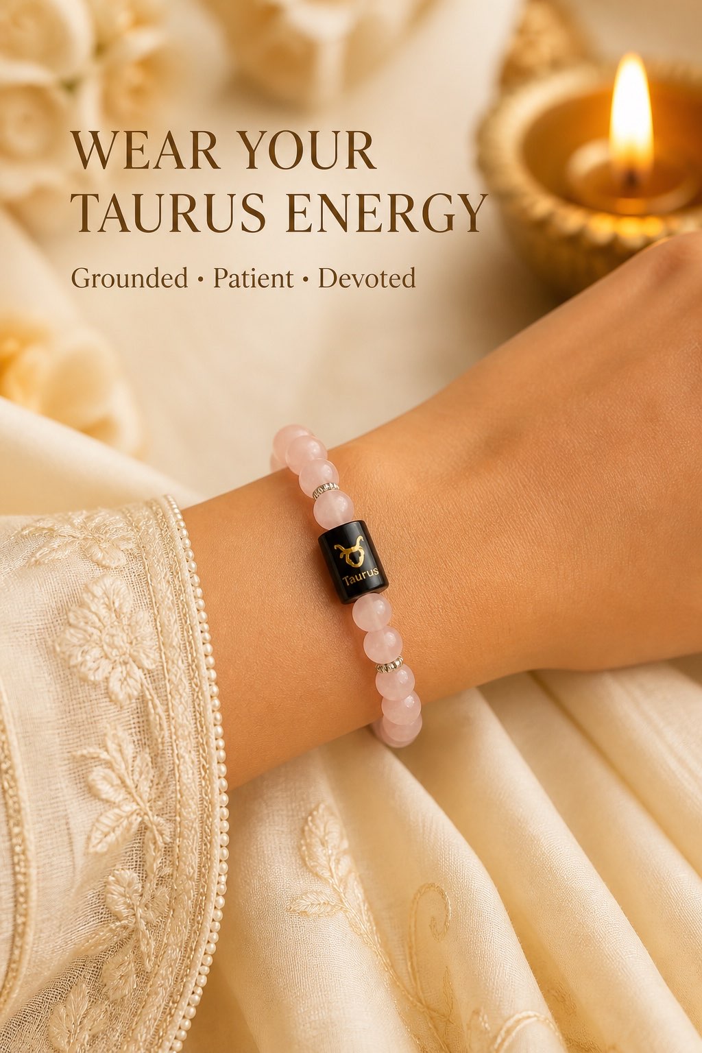 Taurus Rose Quartz bracelet worn on wrist